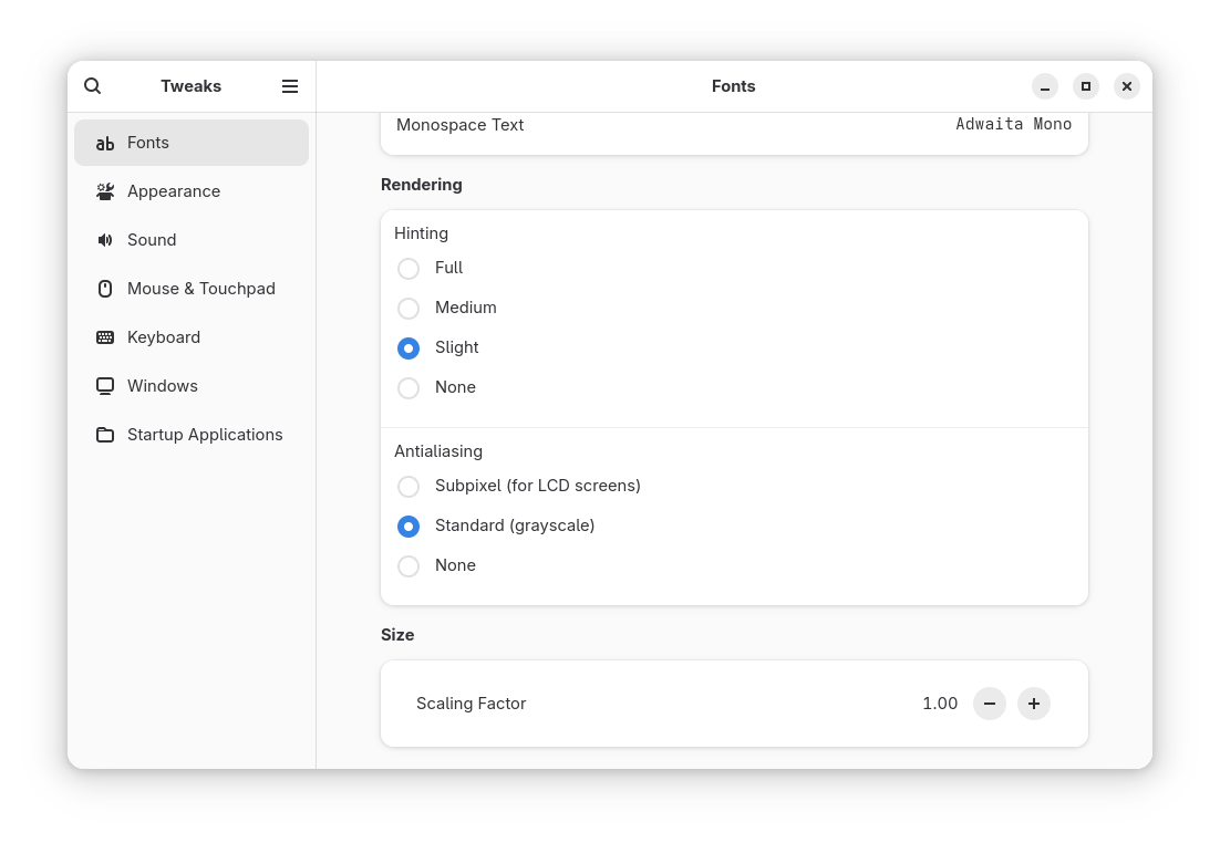 Gnome Tweaks Font Redering Settings