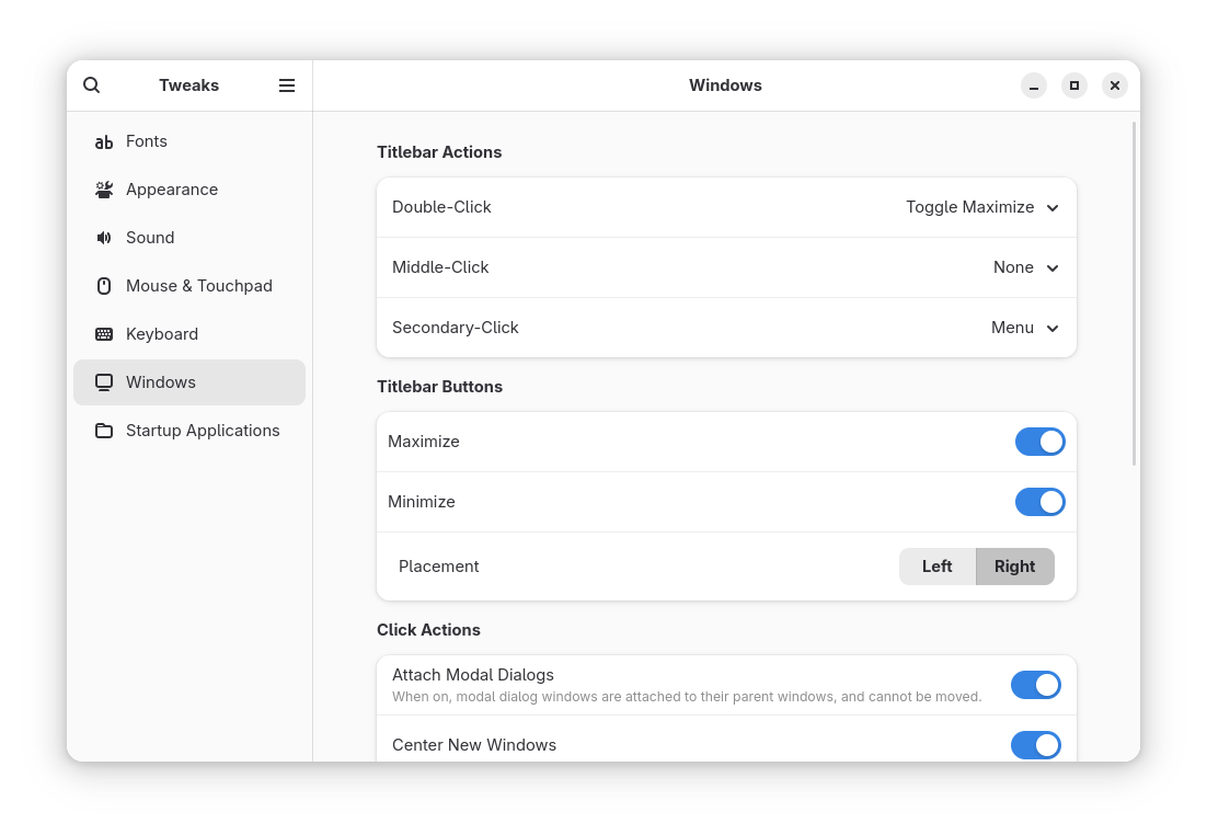 Gnome Tweaks Title Bar Settings