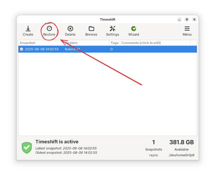 Timeshift Restore Snapshot!